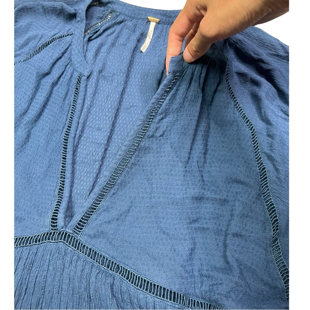 Free People Top Women Large Blue V Neck Lined Flowy Dolman Bohemian Peplum Tunic - Picture 7 of 13